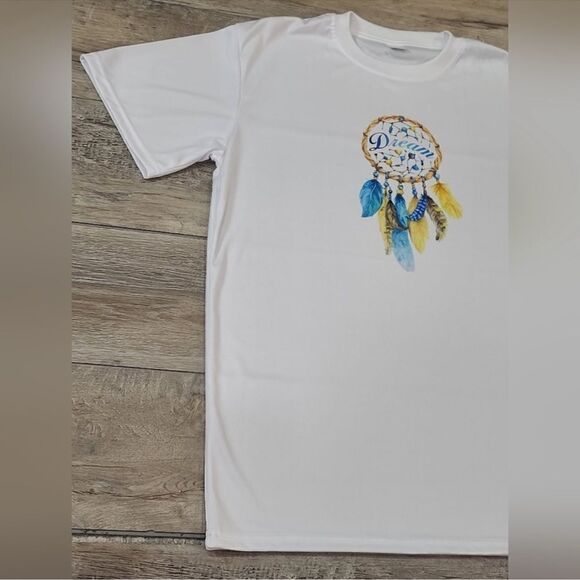 EUC White Short Sleeve Bright Blue Yellow Dreamcatcher Top Shirt a Size Large - Picture 5 of 5